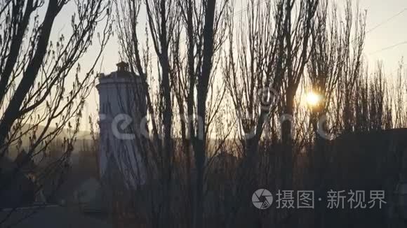 日落时分树后的大水塔视频