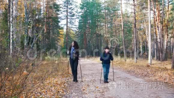 一个年轻的女人和一个男孩在斯堪的纳维亚漫步在森林里。 野营