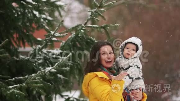 母子对杉树附近公园里的第一场雪很佩服.. 那个女孩穿着一件黄色的羽绒服，孩子