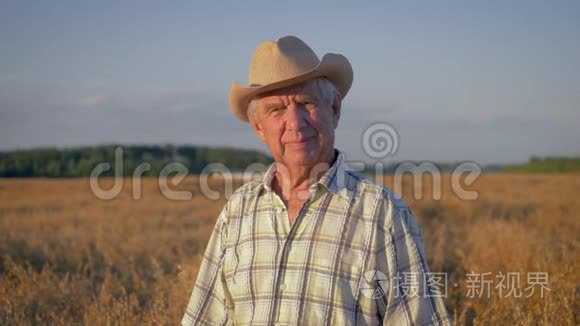 日落时分在麦田里的一个老白种人农民画像
