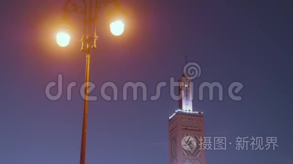 背景为夜空的路灯和清真寺