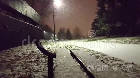 从长凳上俯瞰公园景色的雪夜