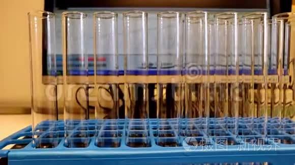 多个空白玻璃试管放在蓝色化学架上