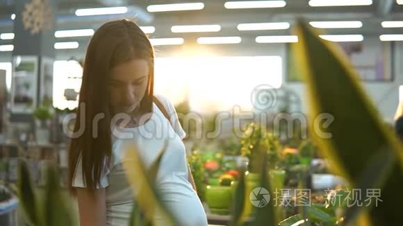 美丽的女孩穿着白色T恤在花店买绿色的花卉植物。