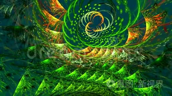 绿叶的旋涡。 螺旋状的闪亮粒子。 丰富多彩的空间类自然隧道循环动画。