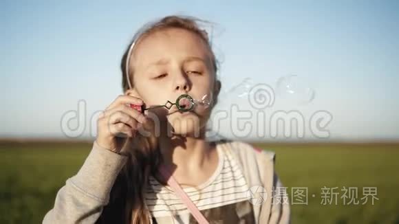 可爱的小女孩在晴天在草地上吹肥皂泡。 动作缓慢。 快乐的童年。 背景模糊