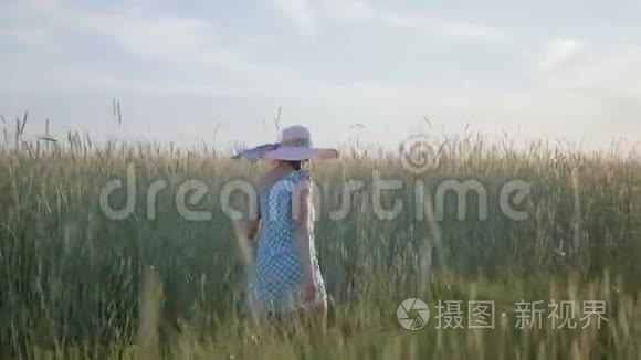 快乐的女人穿着轻便的连衣裙和帽子，带着谷类植物在田野上行走，抚摸着麦穗