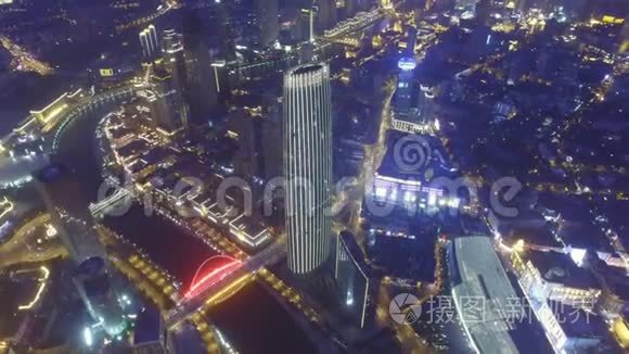 中国天津，夜间现代建筑与城市景观航拍