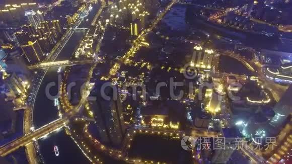 中国天津，夜间现代建筑与城市景观航拍