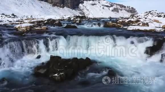 冰岛瀑布空中无人机河冰.