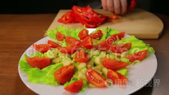 女人的手把红椒圈放在盘子里，里面放着生菜和西红柿