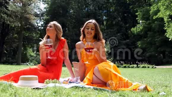 两个女孩在公园野餐和喝酒视频