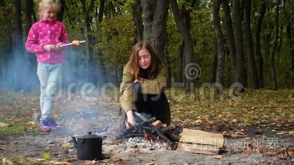 在秋天的森林里微笑着姐妹野餐视频