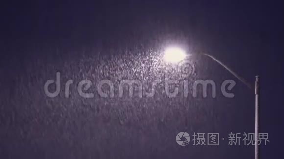 雪花落在路灯的背景下，冬夜在灯光下拍摄