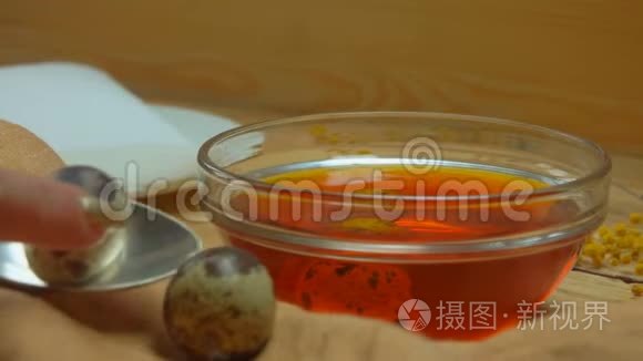 鹌鹑卵以黄色着色剂产卵视频