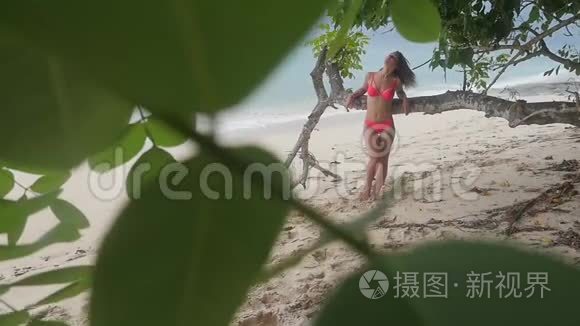 一位年轻女子穿着泳装比基尼在热带海滩的海洋背景上的肖像。 慢动作