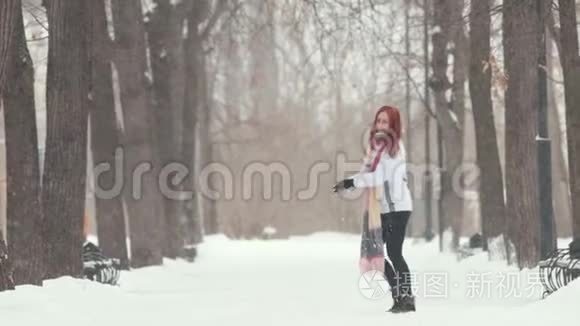 冬季公园。 一个开朗的微笑女人，一头鲜红的头发站在人行道上，做了一个雪球，扔了它