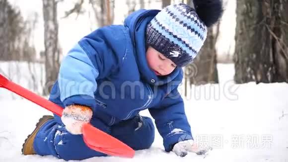 一个小孩在冬天的公园里玩雪.. 阳光明媚的冬天`白天。 新鲜空气中的乐趣和游戏。