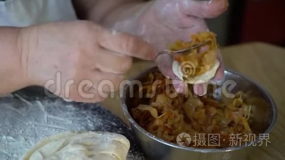 上了年纪的女人用烤白菜包素食饺子