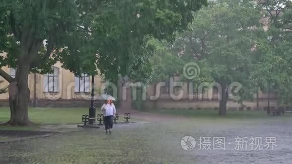 胖姜姑娘在雨中跑在公园里，撑着伞