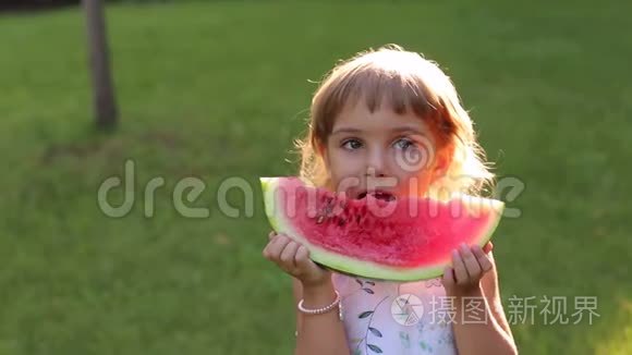 夏天阳光公园里带西瓜的快乐小女孩的画像..