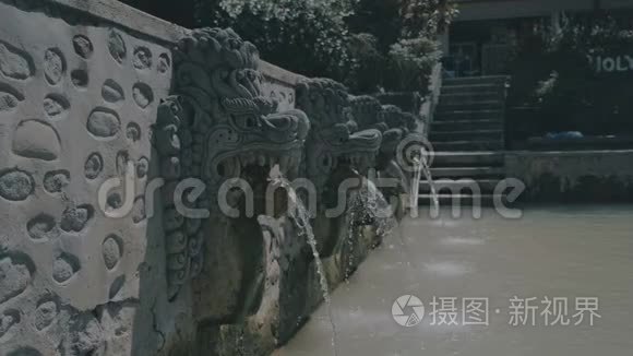 从巴厘岛温泉的龙雕流出的水视频