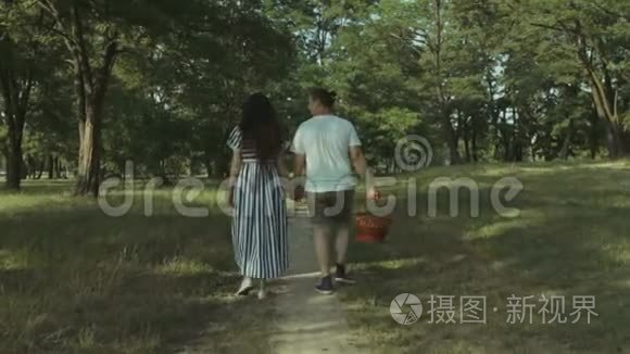 可爱的一对夫妇去夏天公园野餐视频