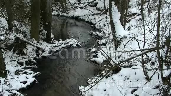 穿过白雪皑皑的乡村的冰冷小溪视频