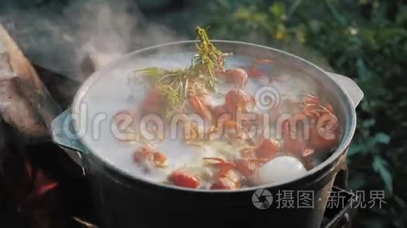 小龙虾在水中用香料和草药烹饪。 热煮小龙虾。 龙虾特写.. 上景。