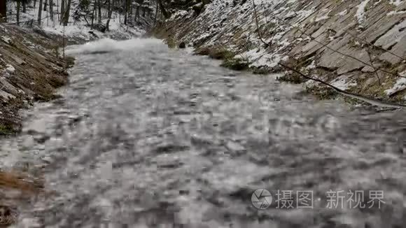 小圣诞树的雪枝在快速移动的瀑布背景下随风摇摆，形成巨大的泡沫