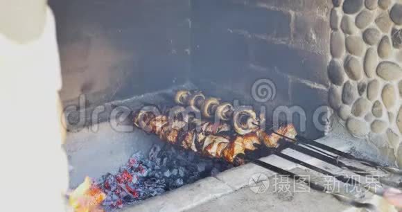 在户外午餐时在烧烤上煮猪肉。 Shashlik准备开火