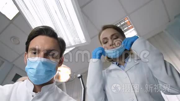 牙科医护人员低角度治疗病人视频