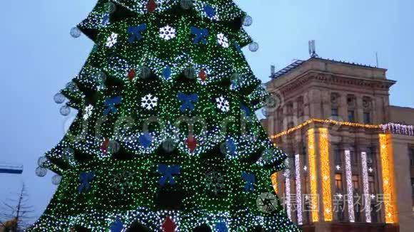 傍晚城市中心广场上的圣诞树视频