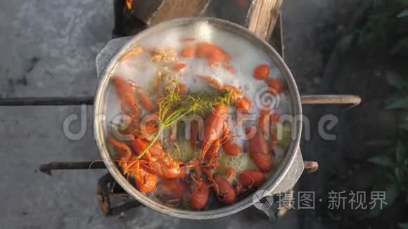 小龙虾在水中用香料和草药烹饪。 热煮小龙虾。 龙虾特写.. 上景。