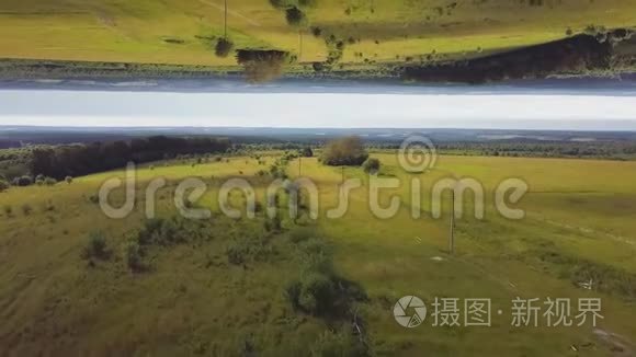 在阳光明媚的夏日，用树木和灌木丛鸟瞰美丽的绿色草地，镜面地平线效果。 斯特宁