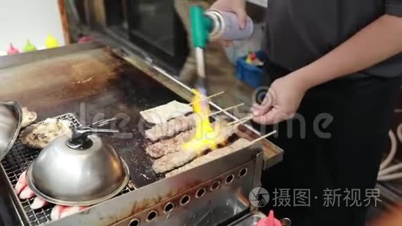 日本大阪街头美食牛肉烧烤视频