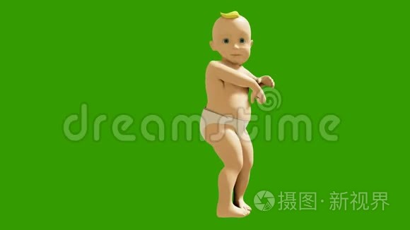 一个小婴儿在绿色屏幕的背景下欢快地跳舞。三维可视化，一个跳舞的孩子的动画