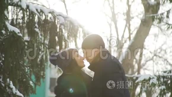 冬季公园的爱情接吻视频