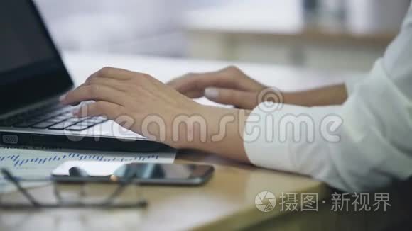 办公室女员工手在笔记本电脑上打字，在电子文档中插入数据