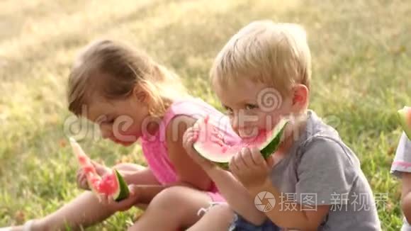 夏季公园吃西瓜的儿童组视频
