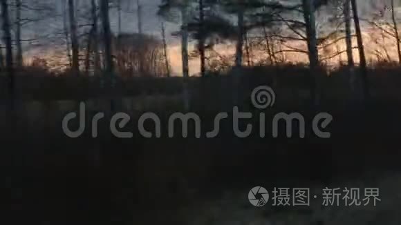 火车窗景，带着强烈的日落光线