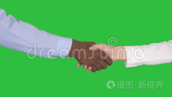 在绿色屏幕上握手非洲裔美国人和高加索女性的手，Chroma键。