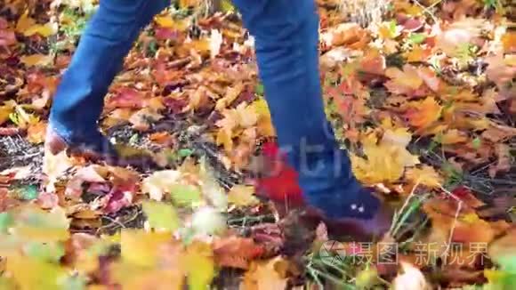 脚人走在落叶上户外，背景是秋天的自然。 生活时尚潮流风格