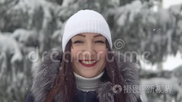 冷杉森林里美丽的黑发女人视频