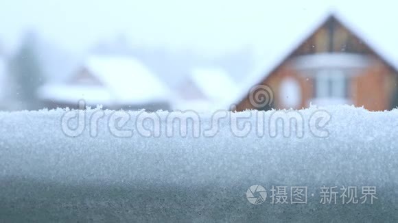 从积雪覆盖的窗户上看到村庄的房屋和森林。