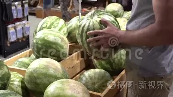 主题养生与天然美食.. 一个高加索人的特写他的手握着，在超市的盒子里挑选一个西瓜。