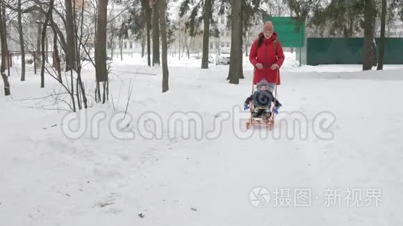 可爱的小男孩和年轻的母亲在冬天和公园里的雪玩耍。 蓝色的孩子夹克和红色的妈妈。