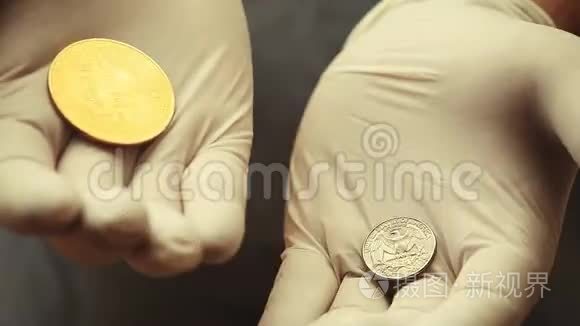 比特币硬币手戴白手套视频