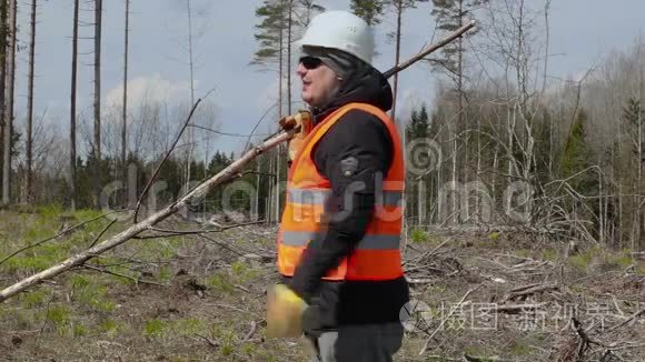 伐木工人在树林里说话视频