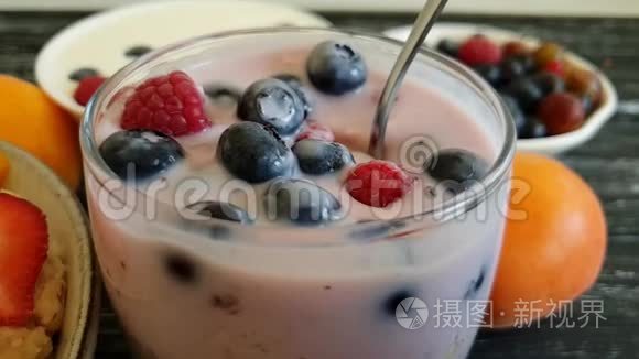 小屋奶酪，酸奶，草莓，慢动作自制蓝莓健康传统饮食白色木制背景